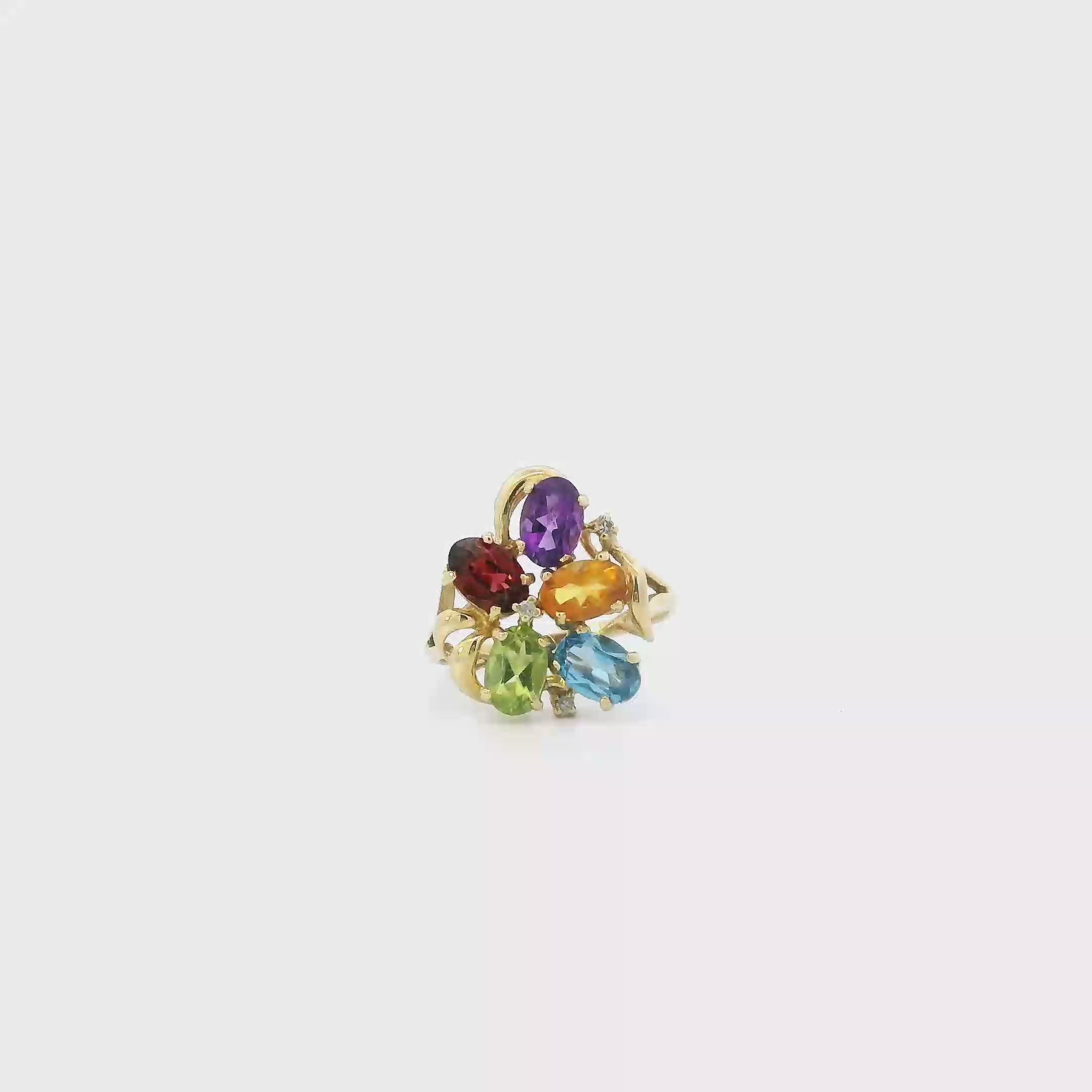 14K Yellow Gold Multi Color Stone Womens Ring