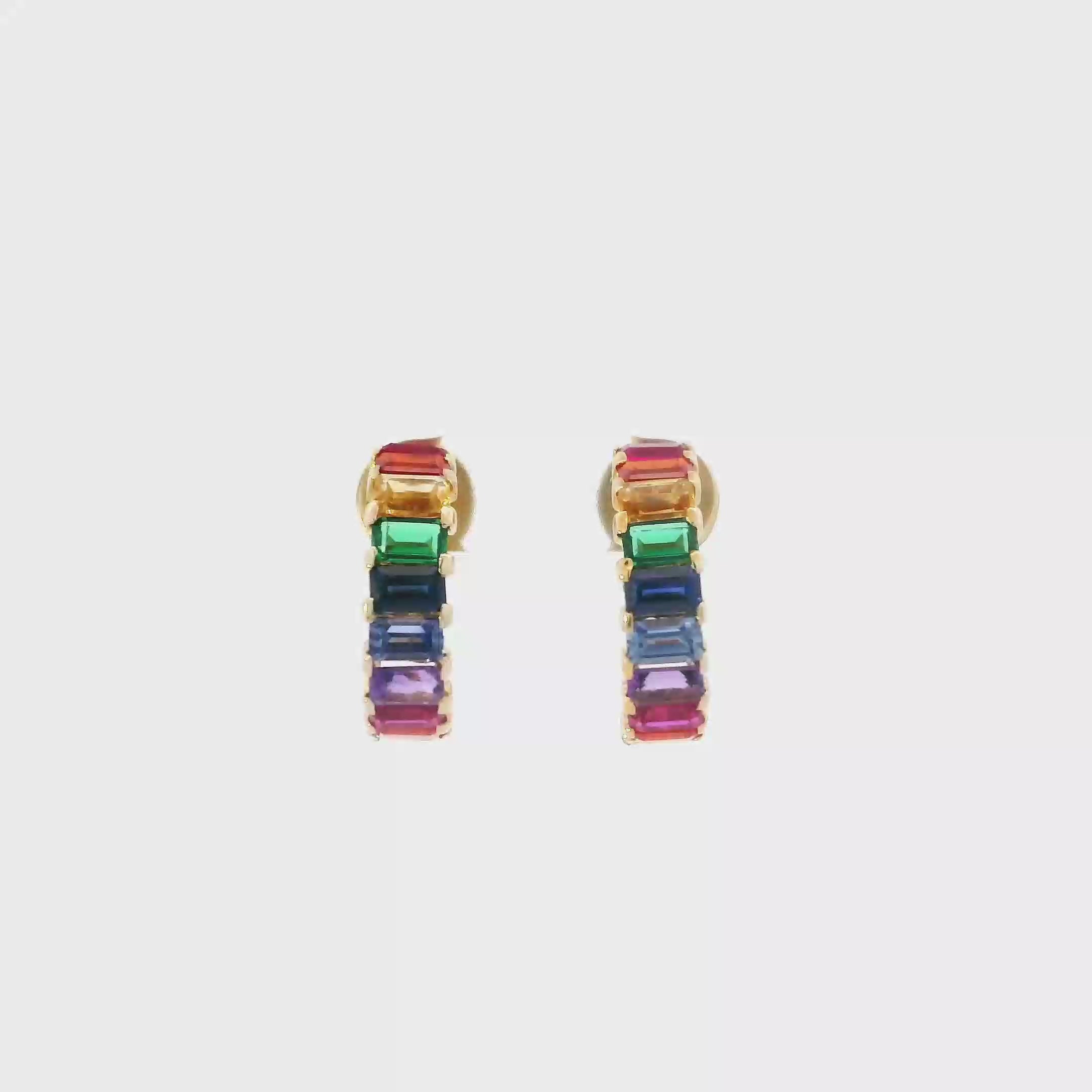 14K Yellow Gold Multi Color Stones Half Hoop Earrings