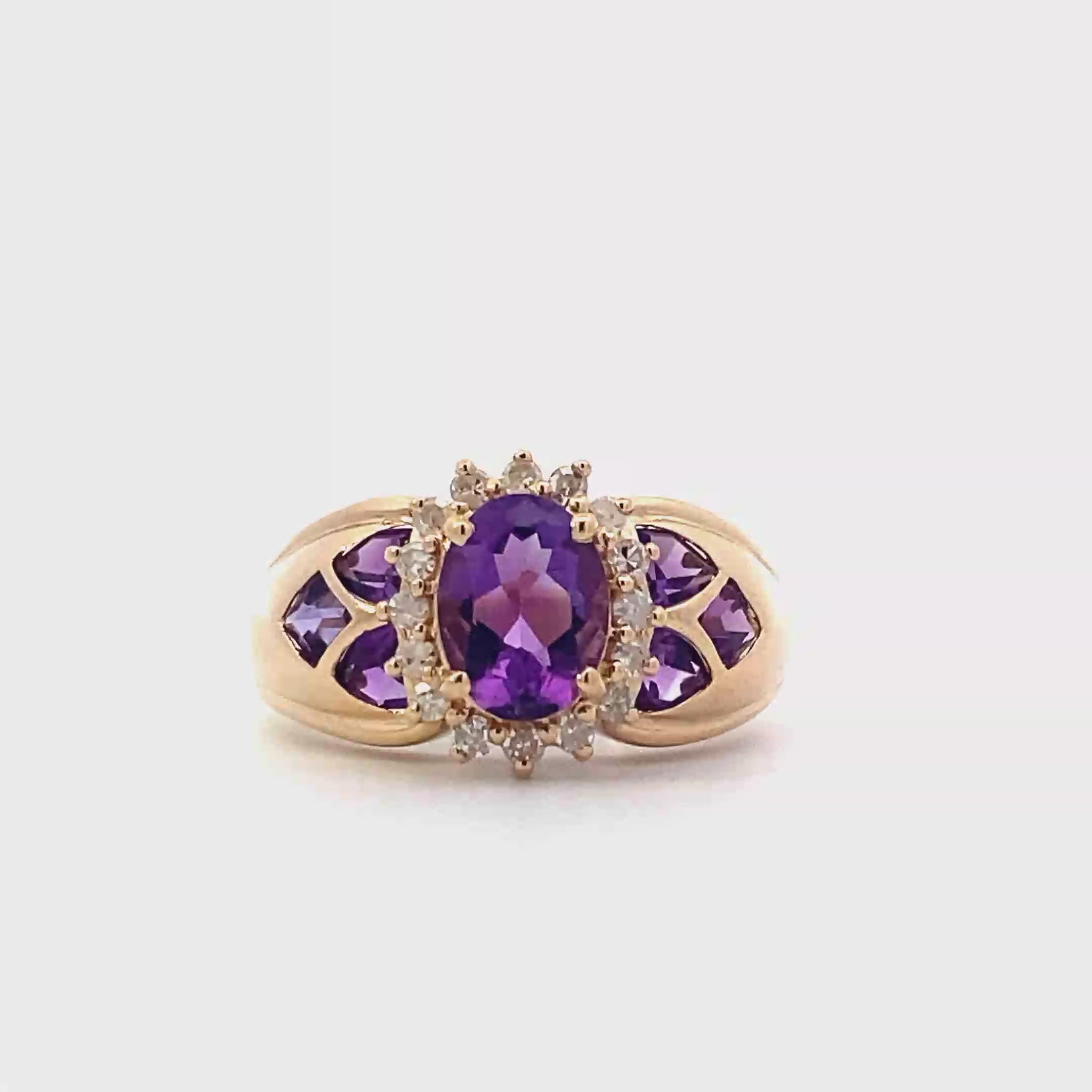 14K Yellow Gold Diamond & Amethyst Women's Halo Ring - 0.22ct