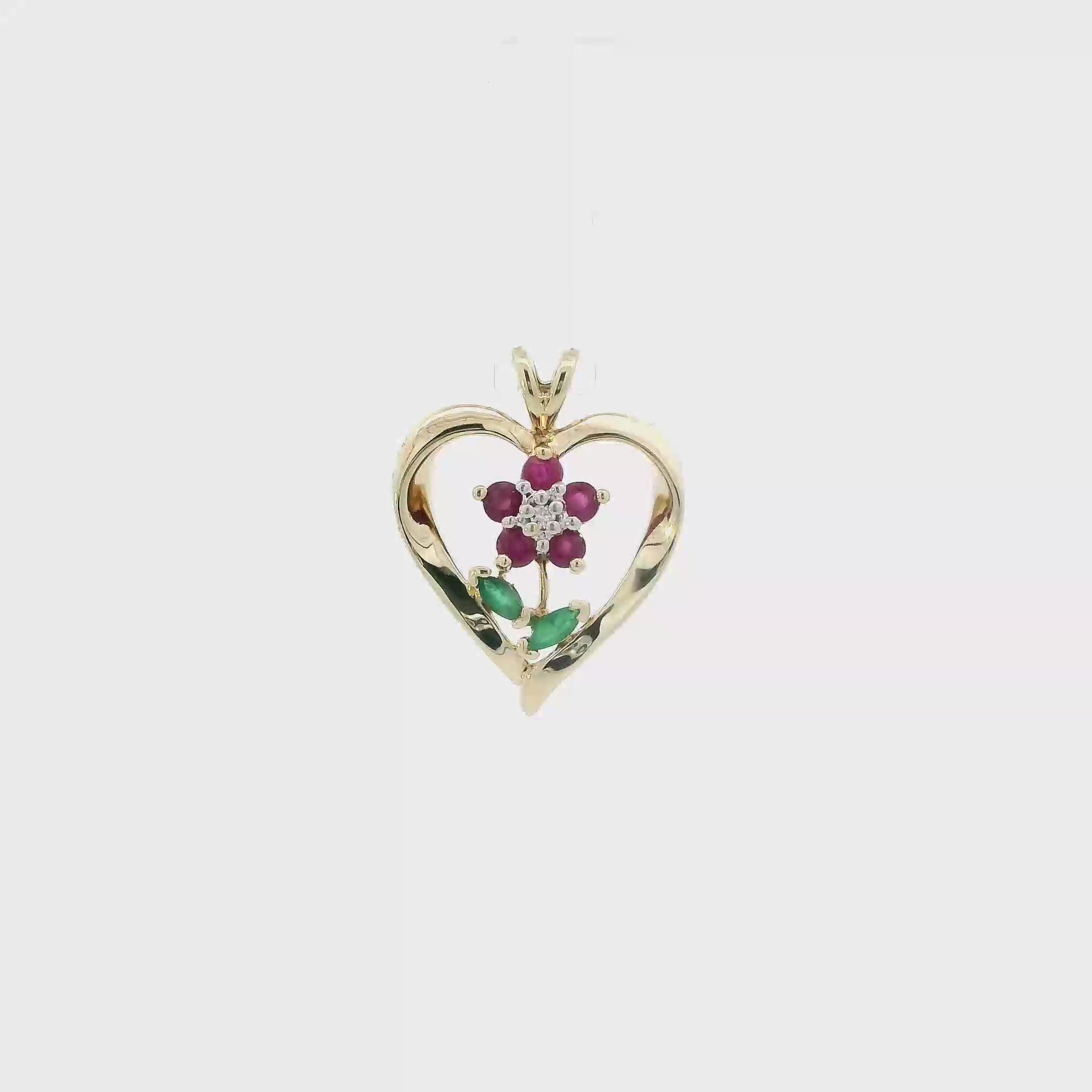 10K Yellow Gold Ruby, Emerald & Diamond Flower & Heart Pendant - 0.01ct