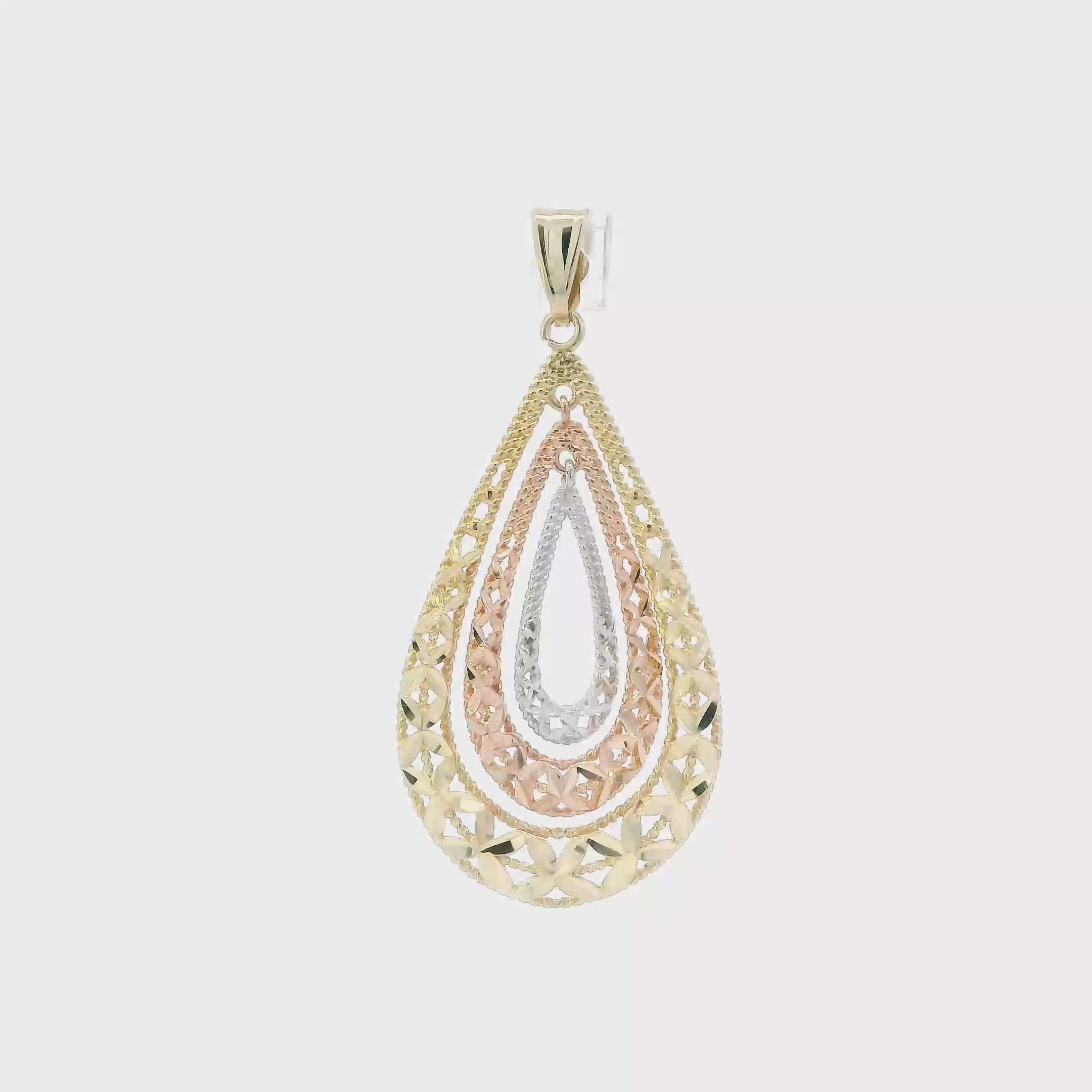 14K Tri Color Gold Filigree Pear Pendant