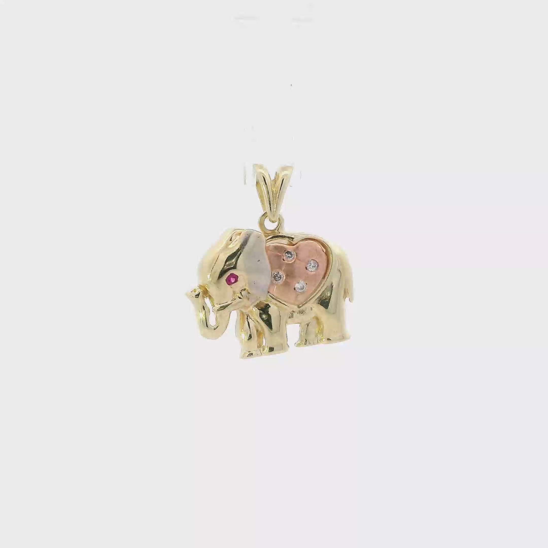 10K Tri Color Gold Ruby & Cz Elephant Pendant