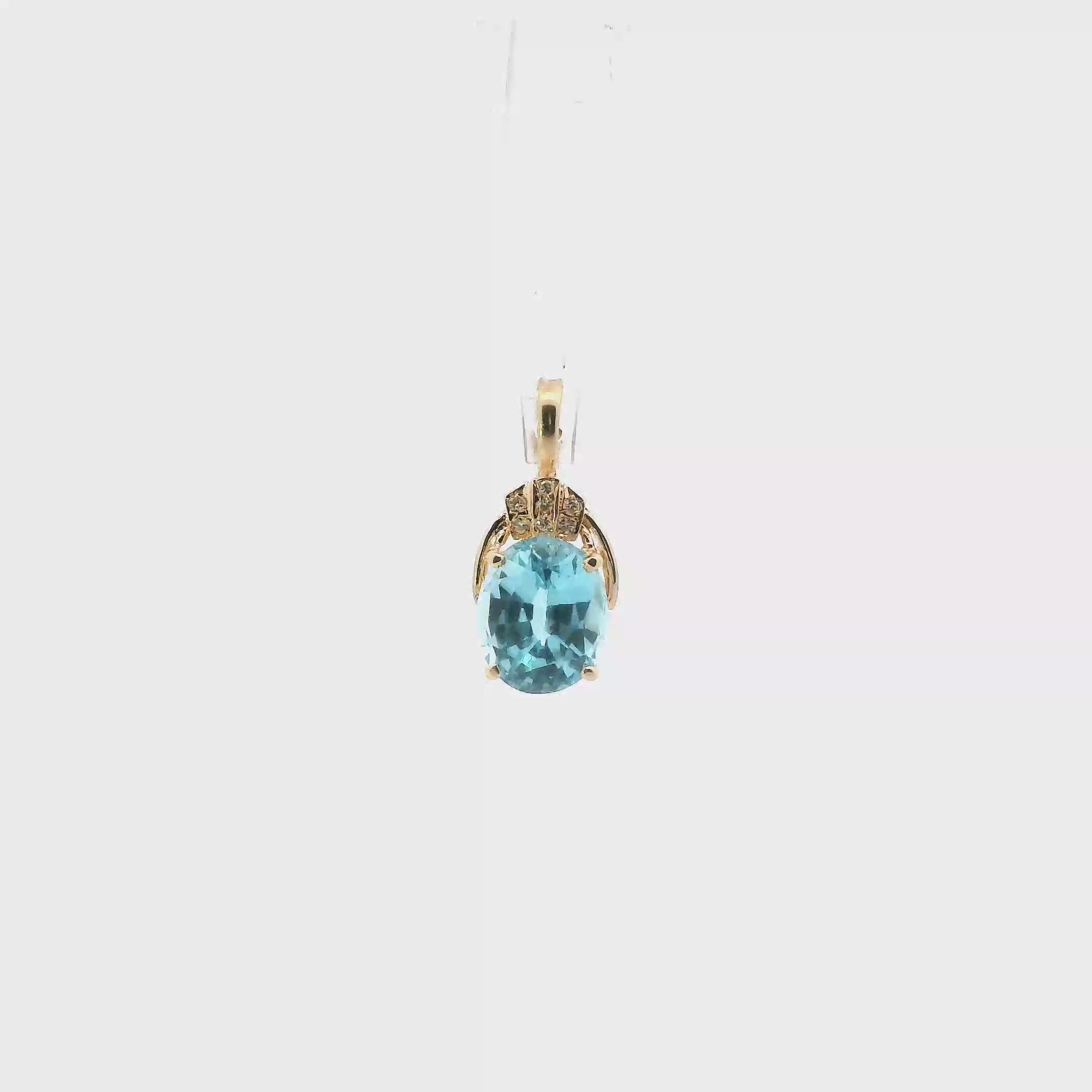 14K Yellow Gold Oval Blue Topaz & Diamond Pendant - 0.06ct