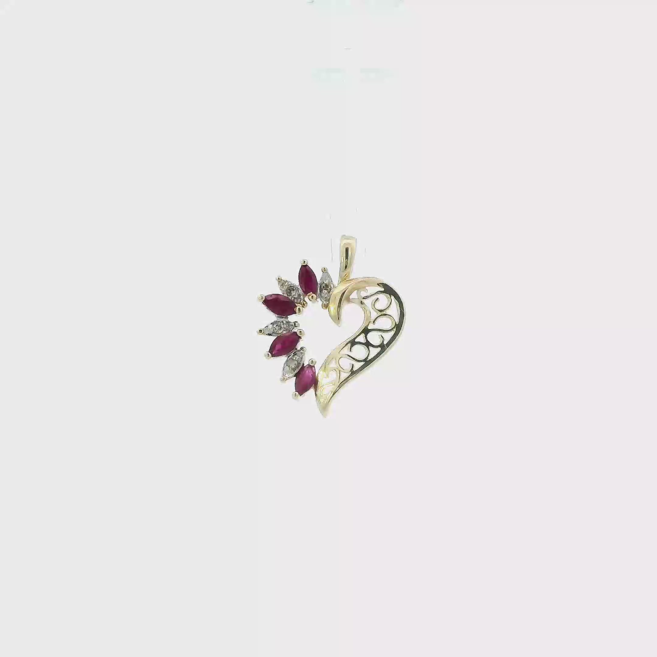 10K Yellow Gold Rubies & Diamond Heart Pendant - 0.02ct