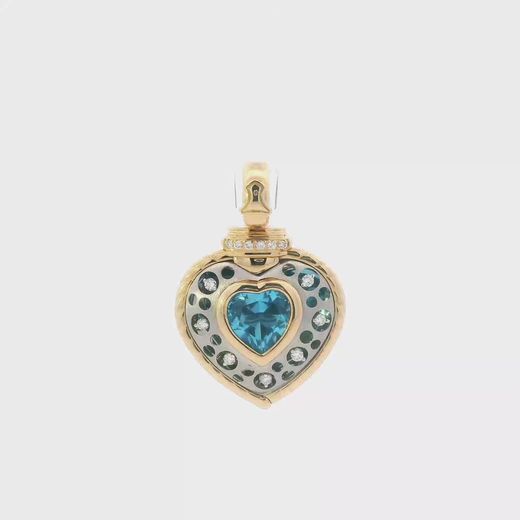 18K Yellow Gold & Platinum Blue Topaz & Diamonds Heart Pendant By 