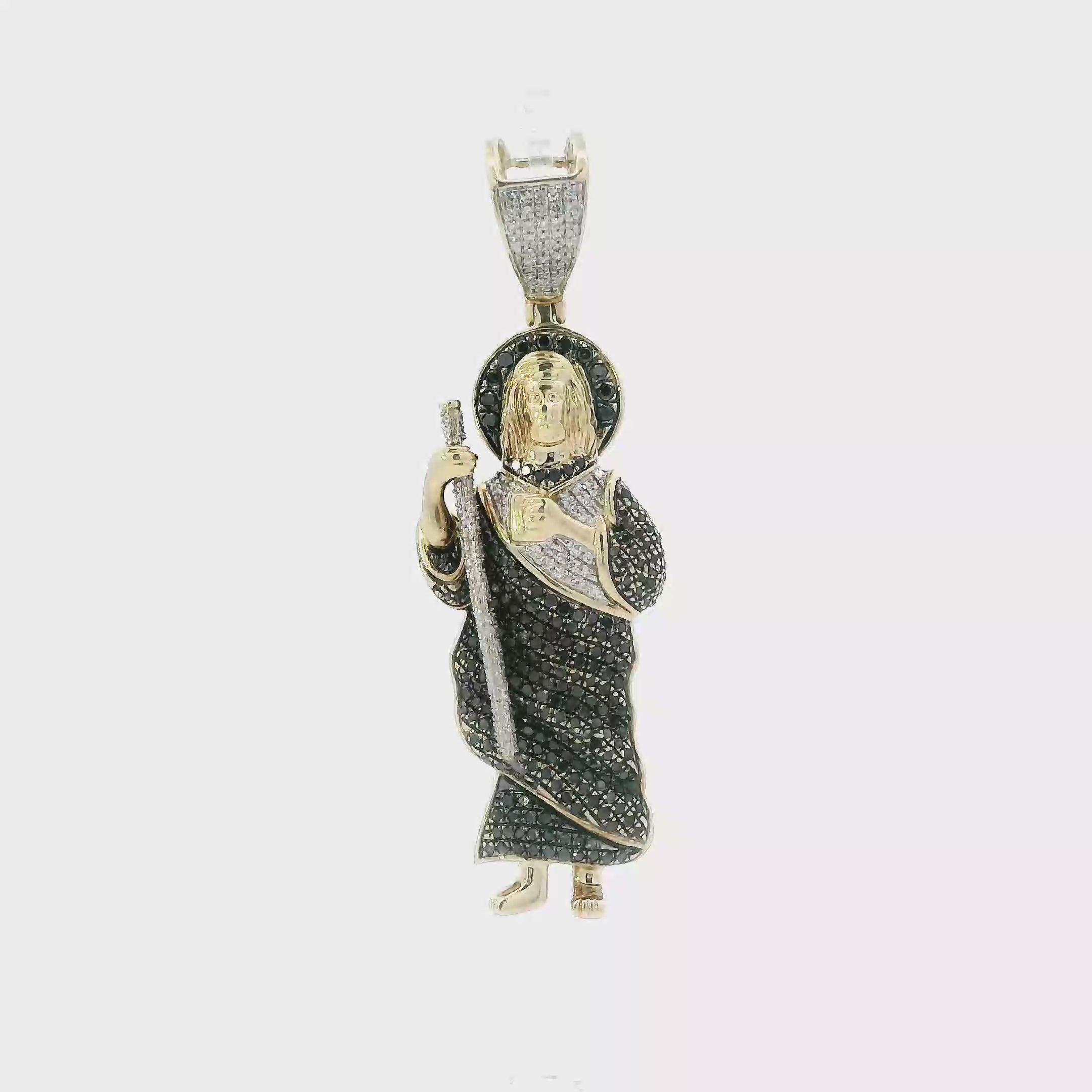 10K Yellow Gold White & Black Pave Diamond Religious Figure Pendant - 1.05ct