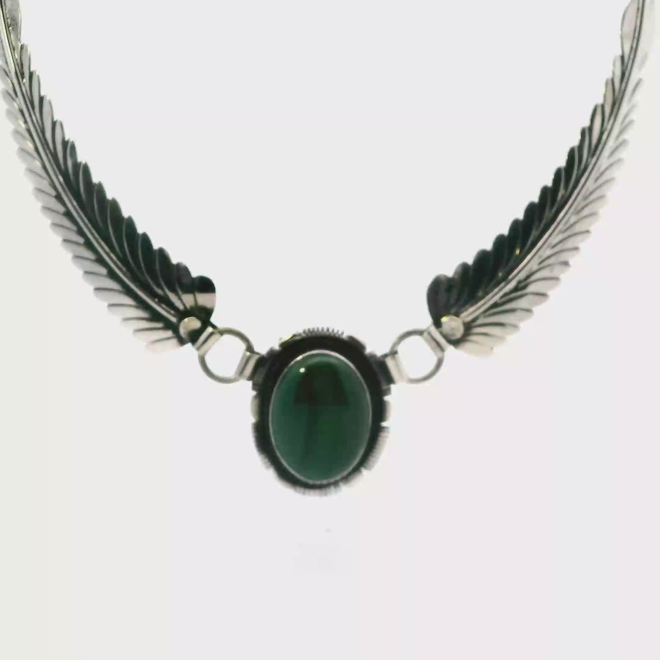 Sterling Silver Native American Oval Malachite Feather Motif Necklace