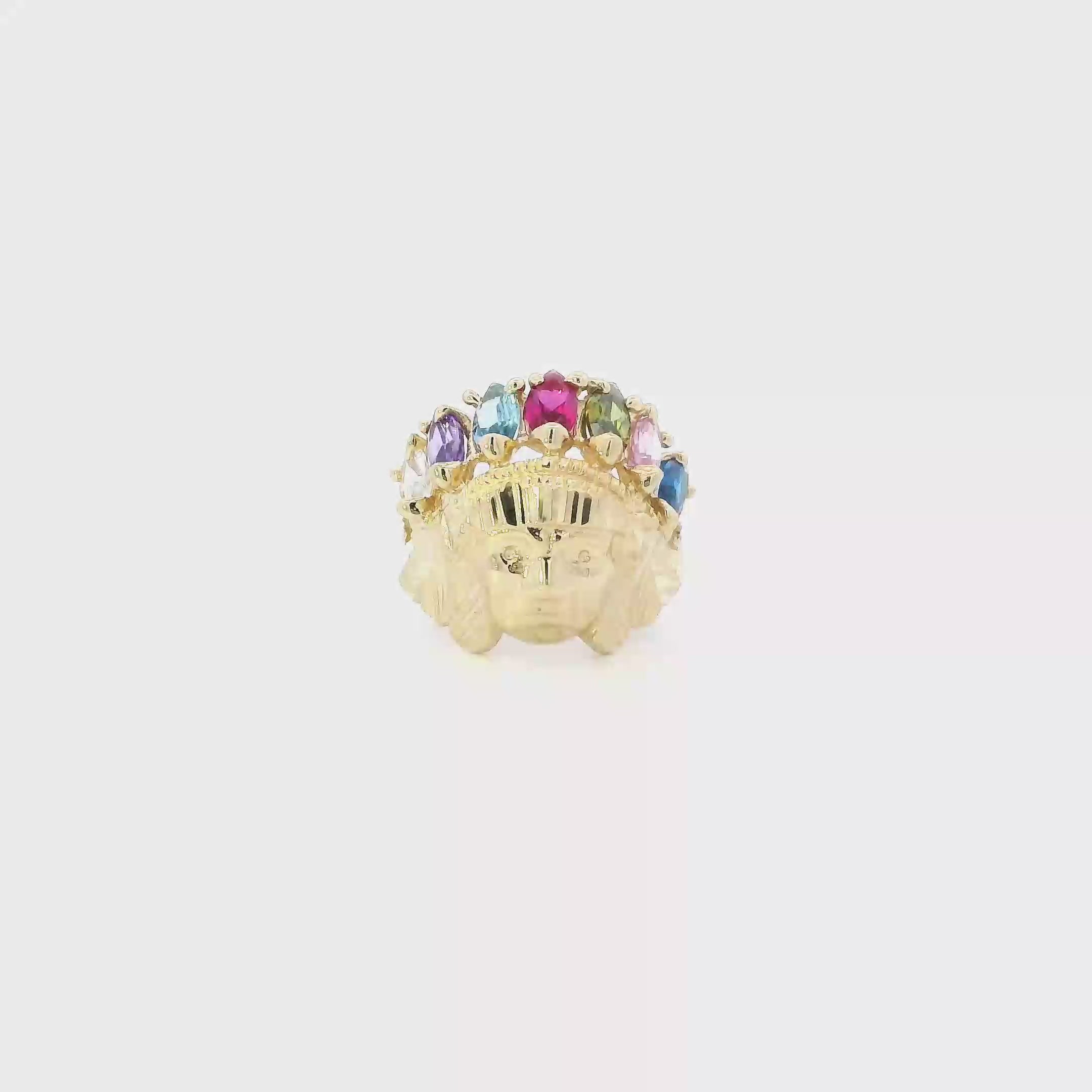 10K Yellow Gold Multi Color CZ Native American Head Ring