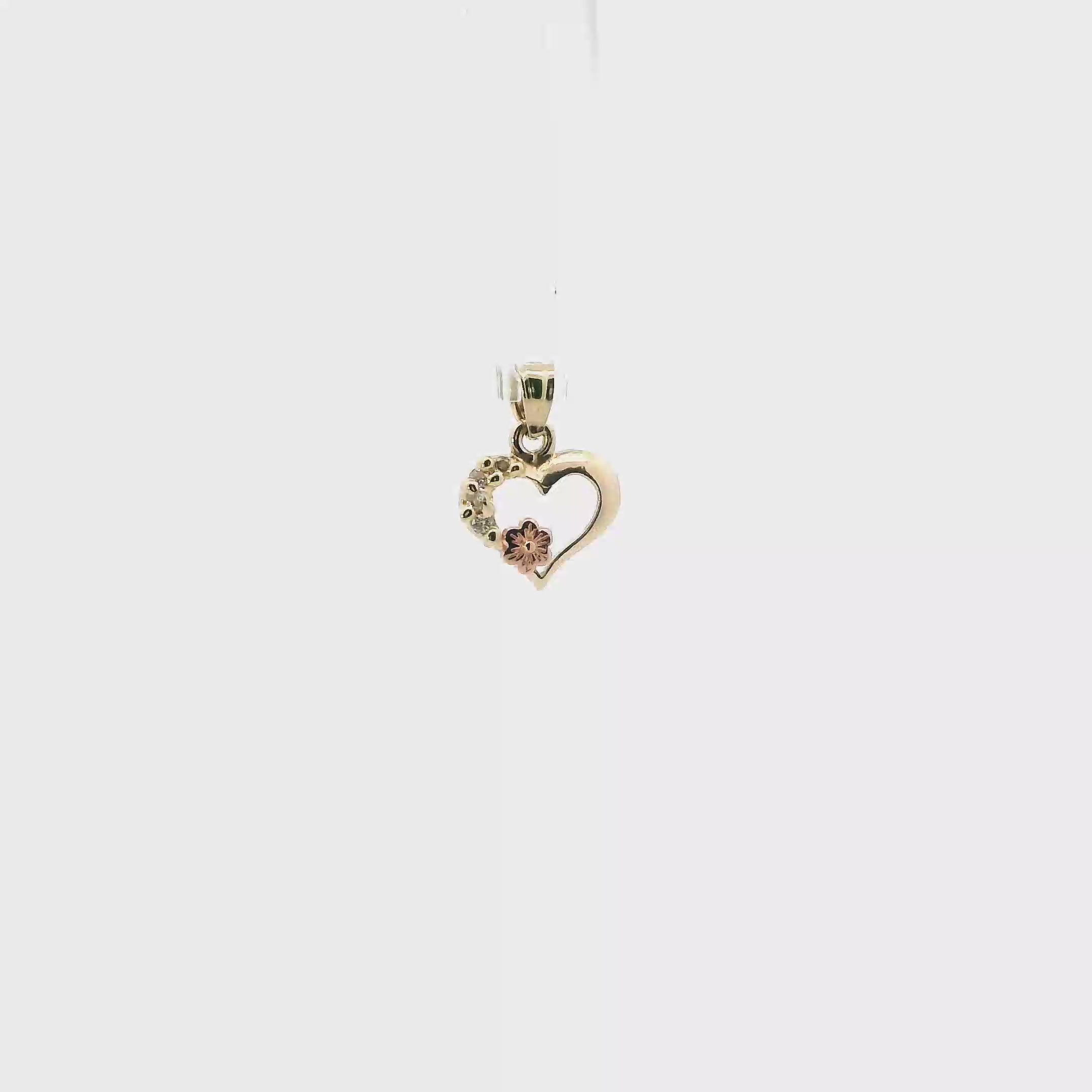 14K Yellow & Rose Gold Cz & Flower Heart Pendant
