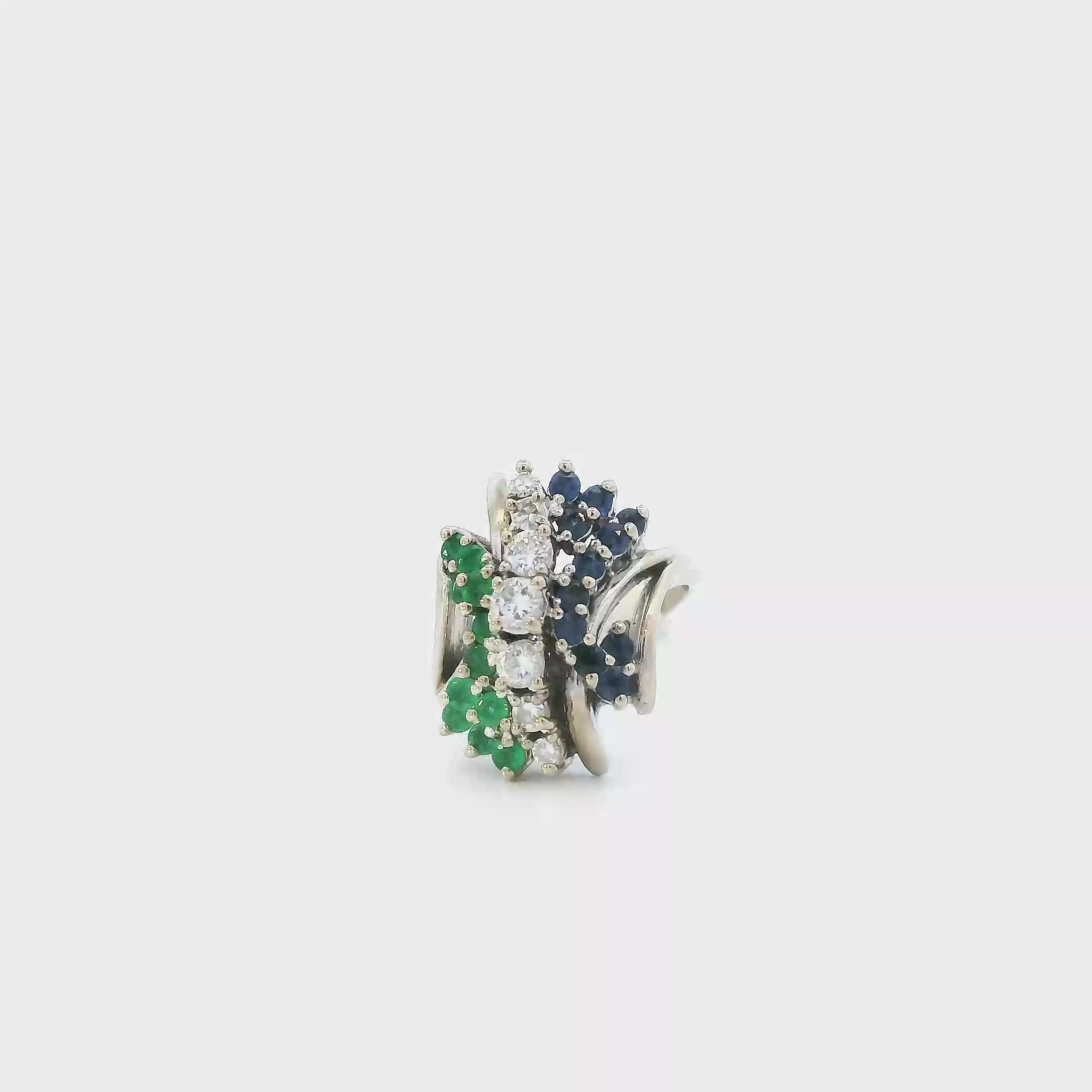 14K White Gold Diamond, Sapphire & Emerald Women's Ring -0.43ct
