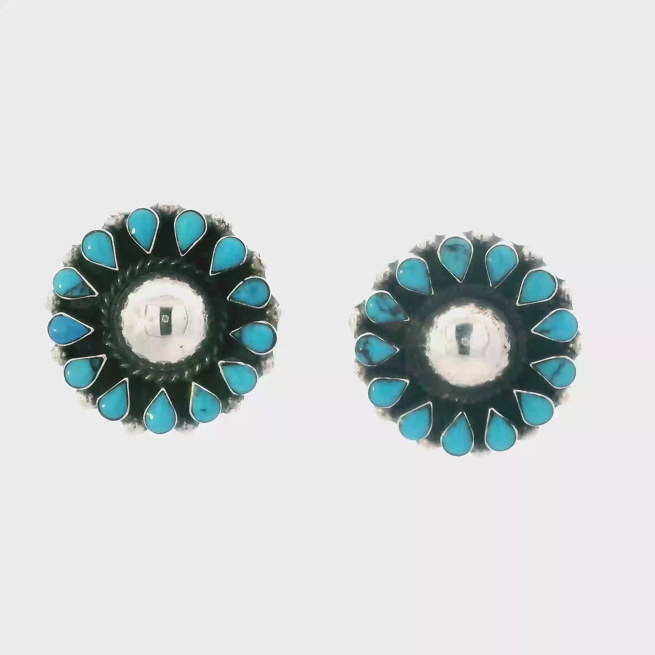 Sterling Silver Taxco Mex Turquoise Round Stud Earrings