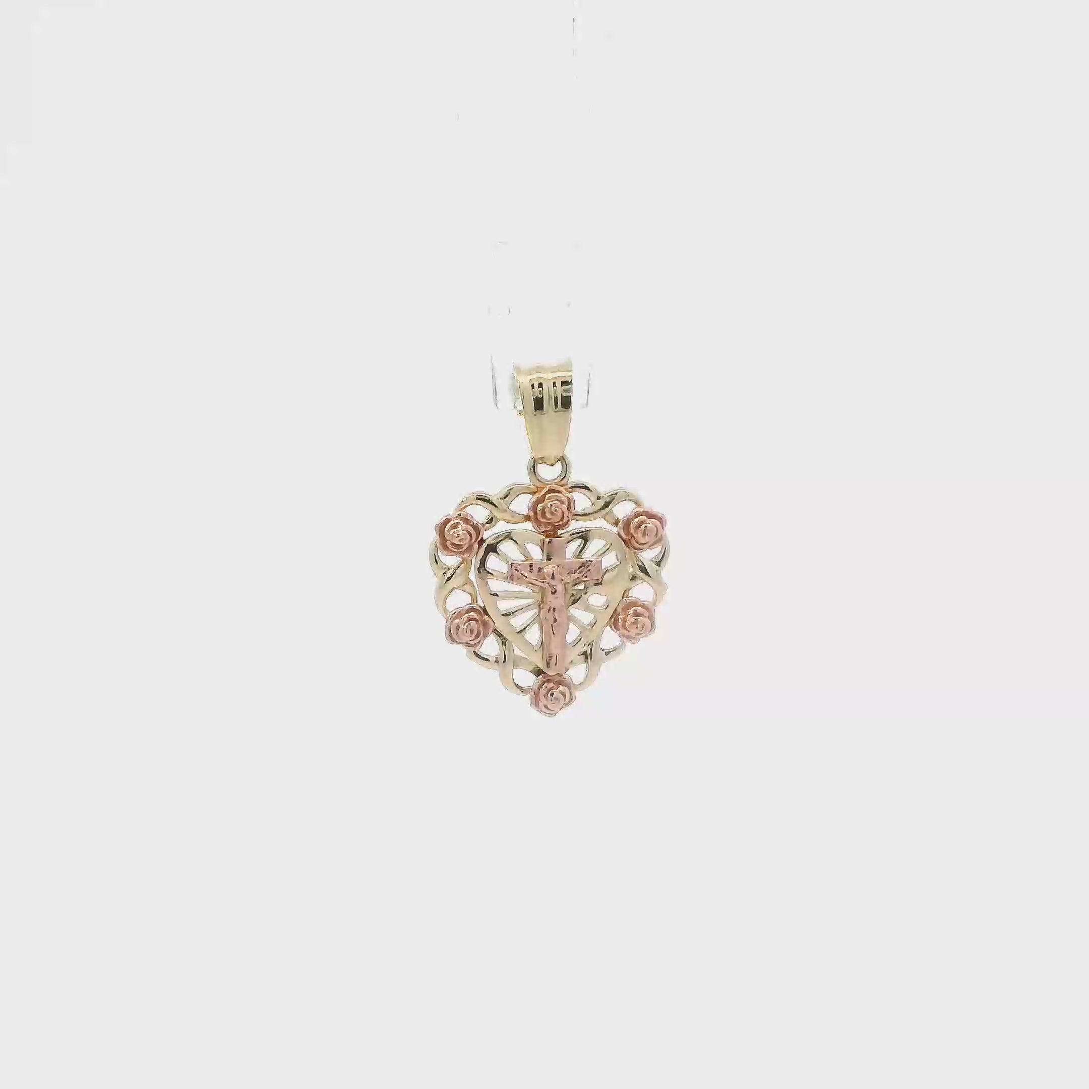 14K Yellow & Rose Gold Roses & Crucifix Heart Pendant