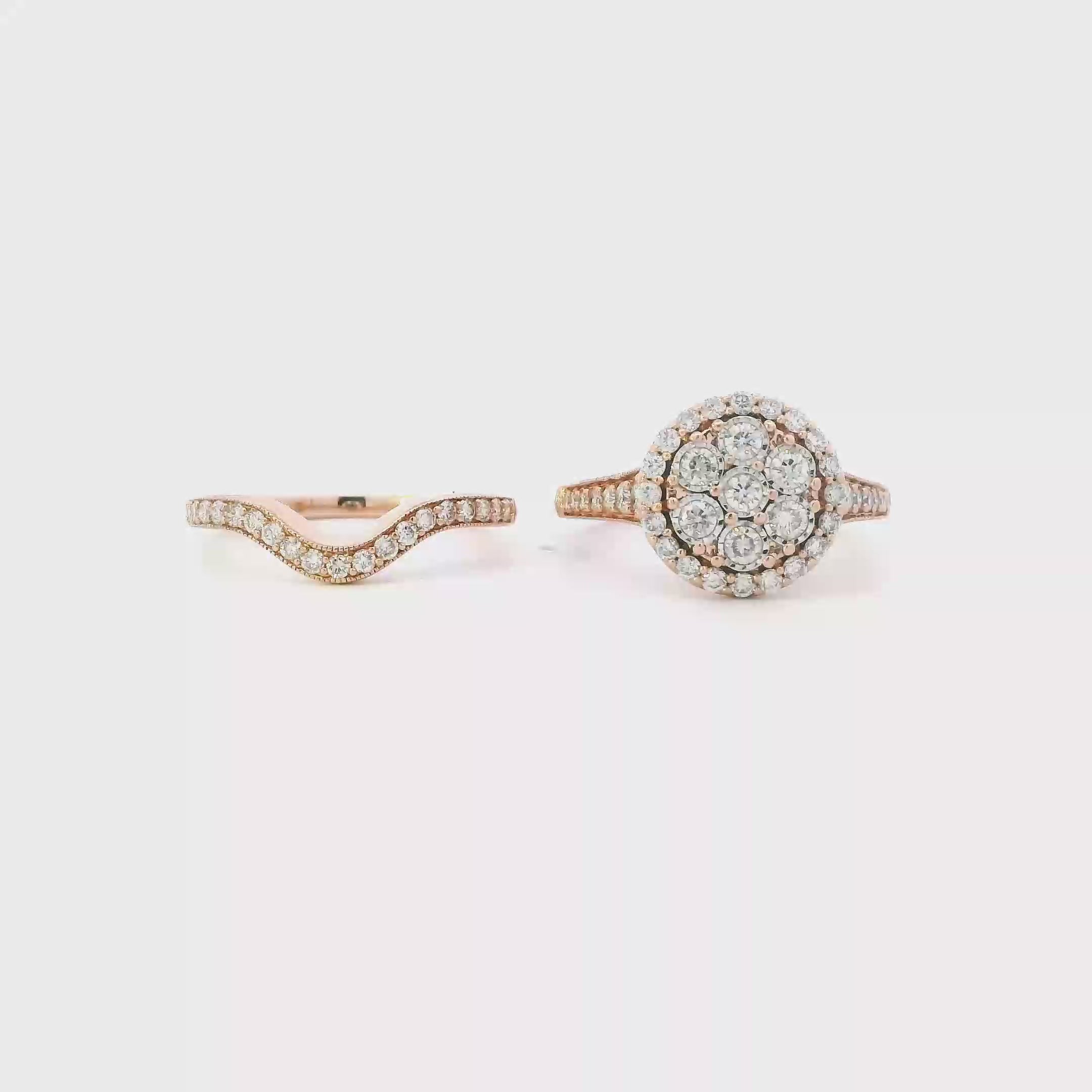 10K Rose Gold Diamond Womens Engagement & Wedding Ring Set - 0.88ct
