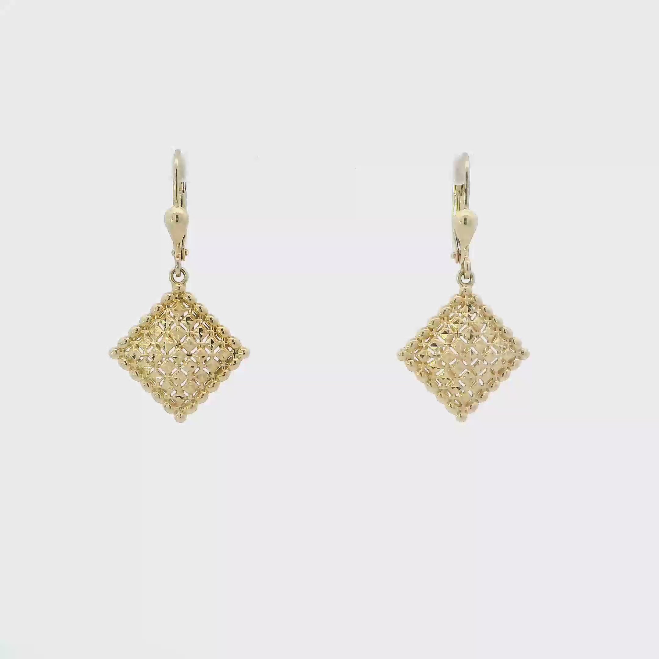 14K Yellow Gold Square Diamond Cut Dangle Earrings