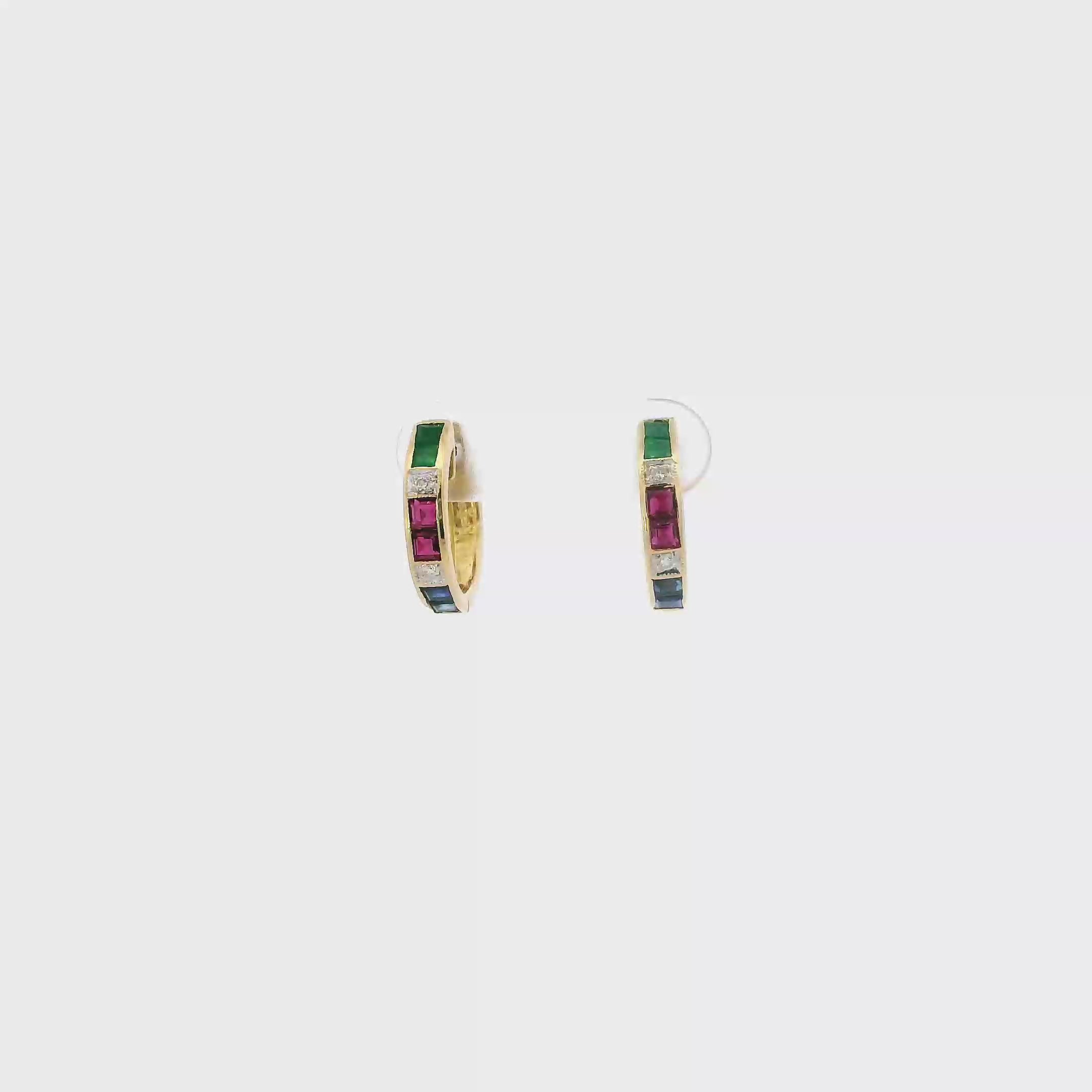 18K Yellow Gold Diamond, Sapphire, Ruby, & Emerald Huggie Hoop Earrings - 0.05ct