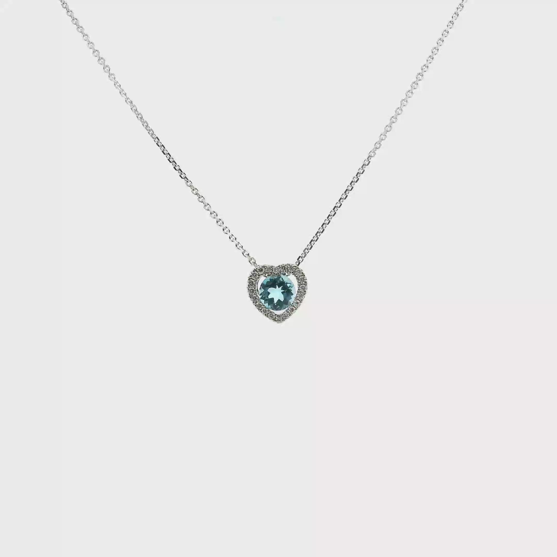 14K White Gold Blue Topaz & Diamonds Heart Pendant & 17
