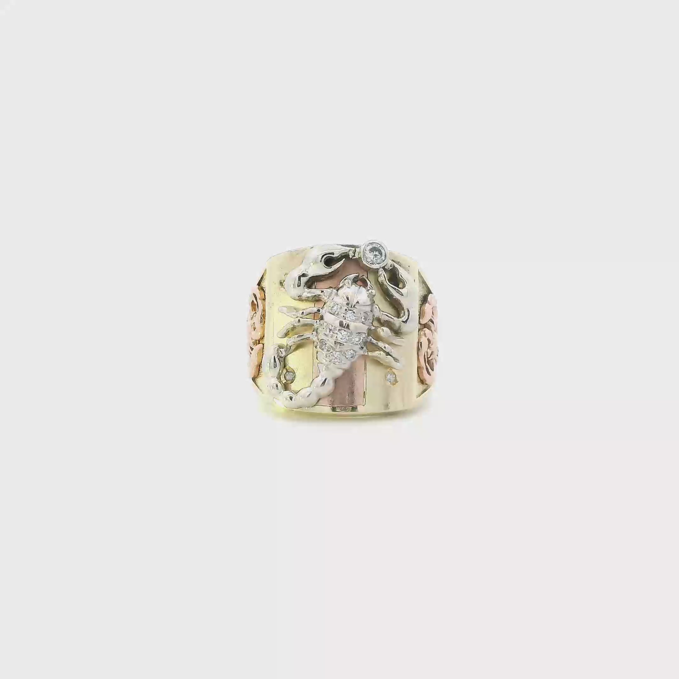 14K Tri Color Gold Square Scorpion Mens Ring