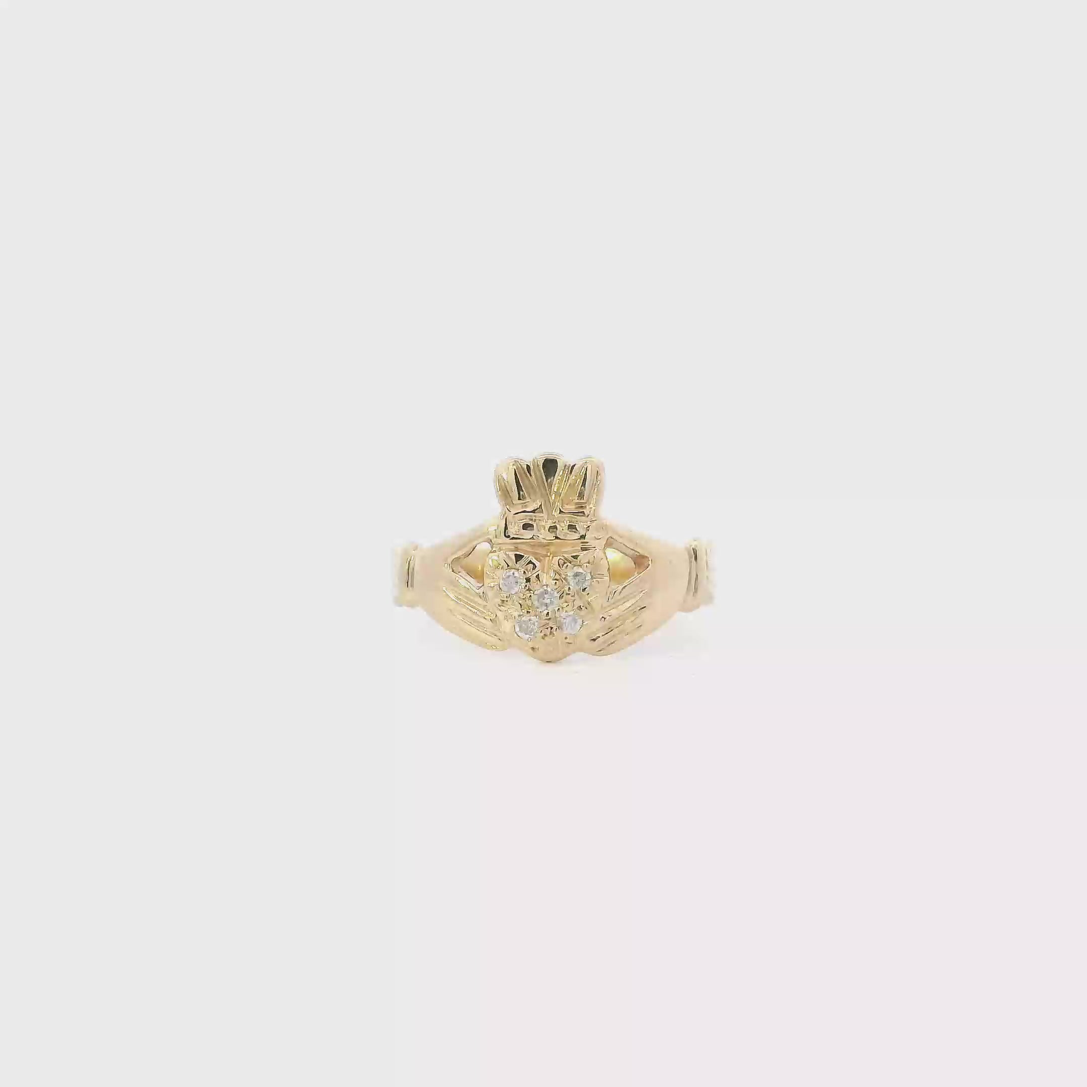 14K Yellow Gold Diamond Claddagh Womens Ring - 0.10ct