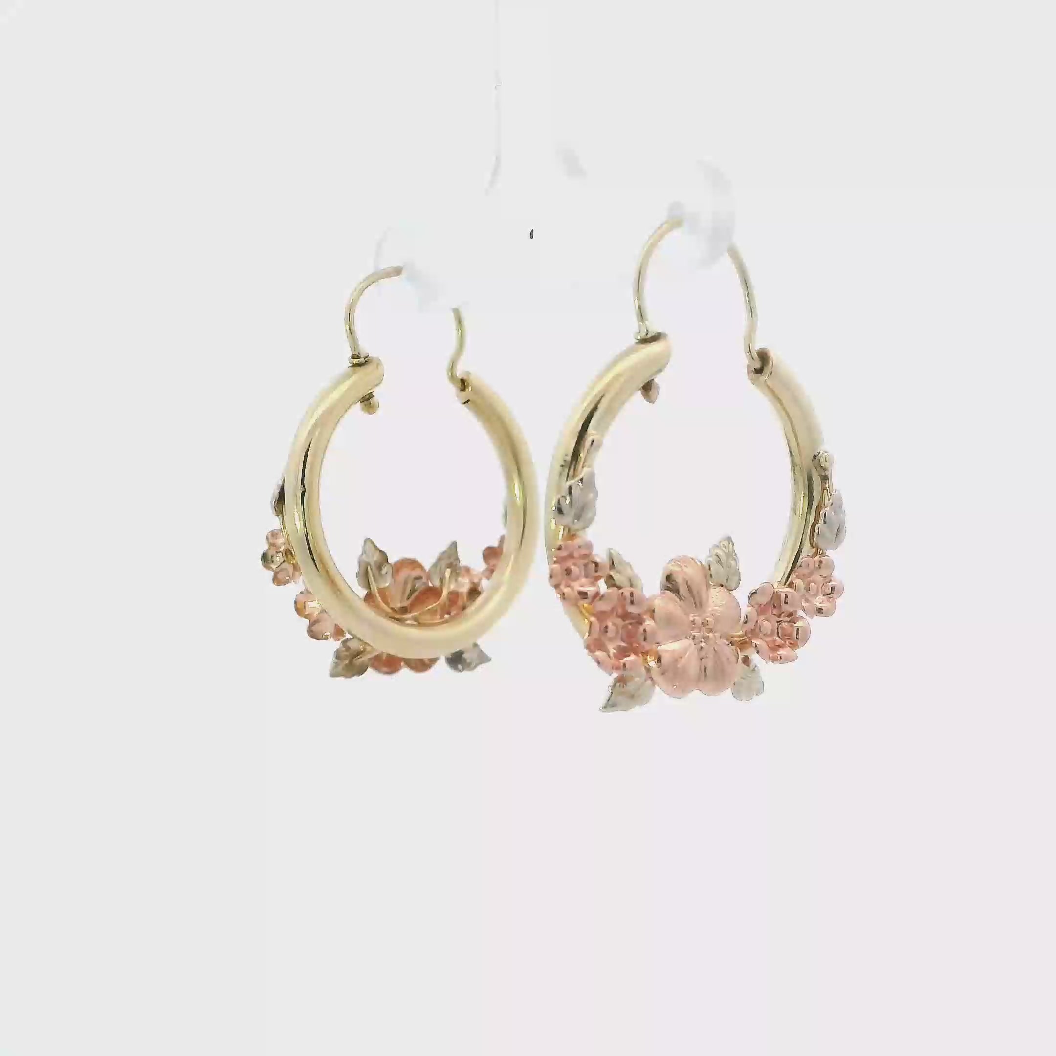 10K Tri Color Gold Floral Hoop Earrings