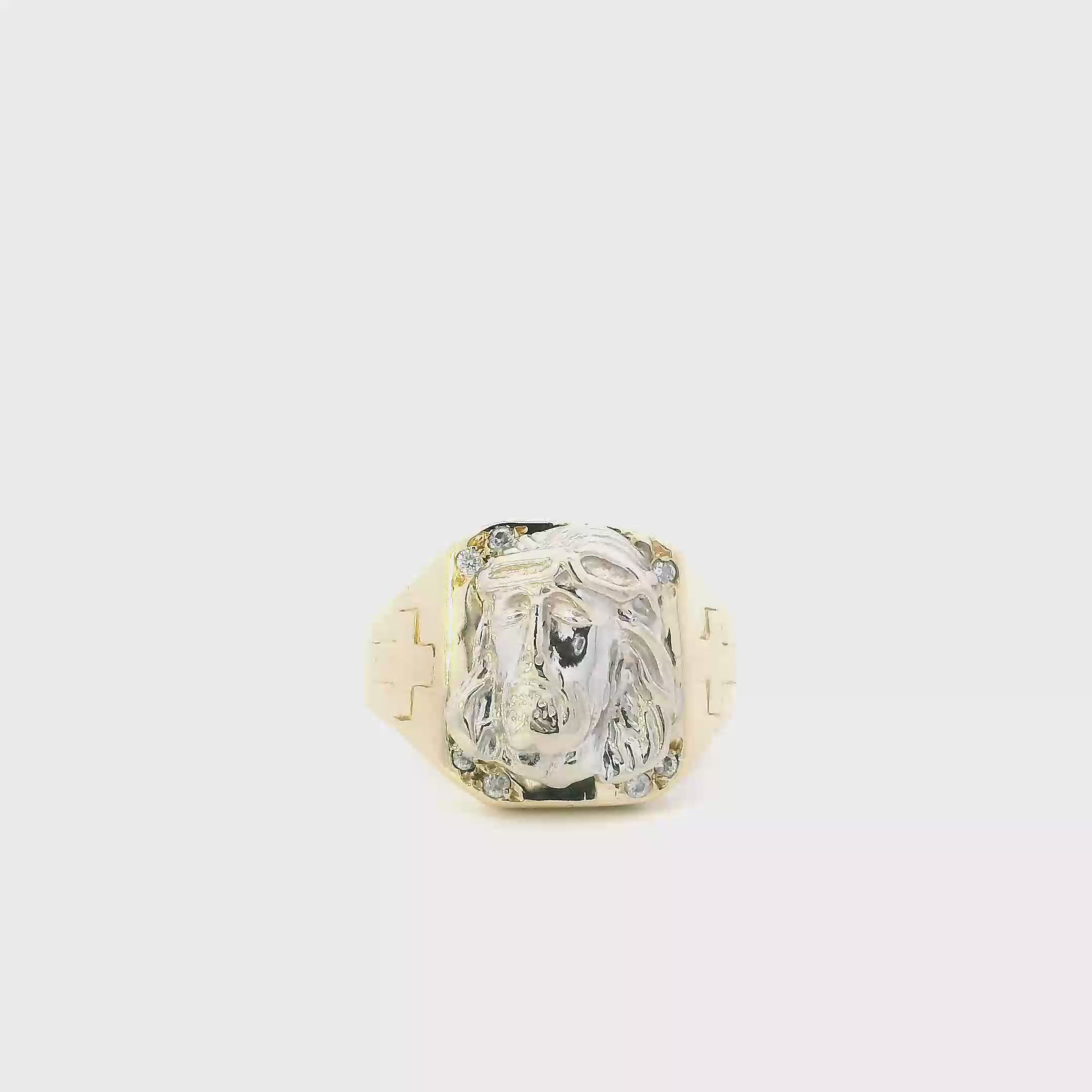14K Yellow & White Gold Jesus Face & Cross Men's Ring