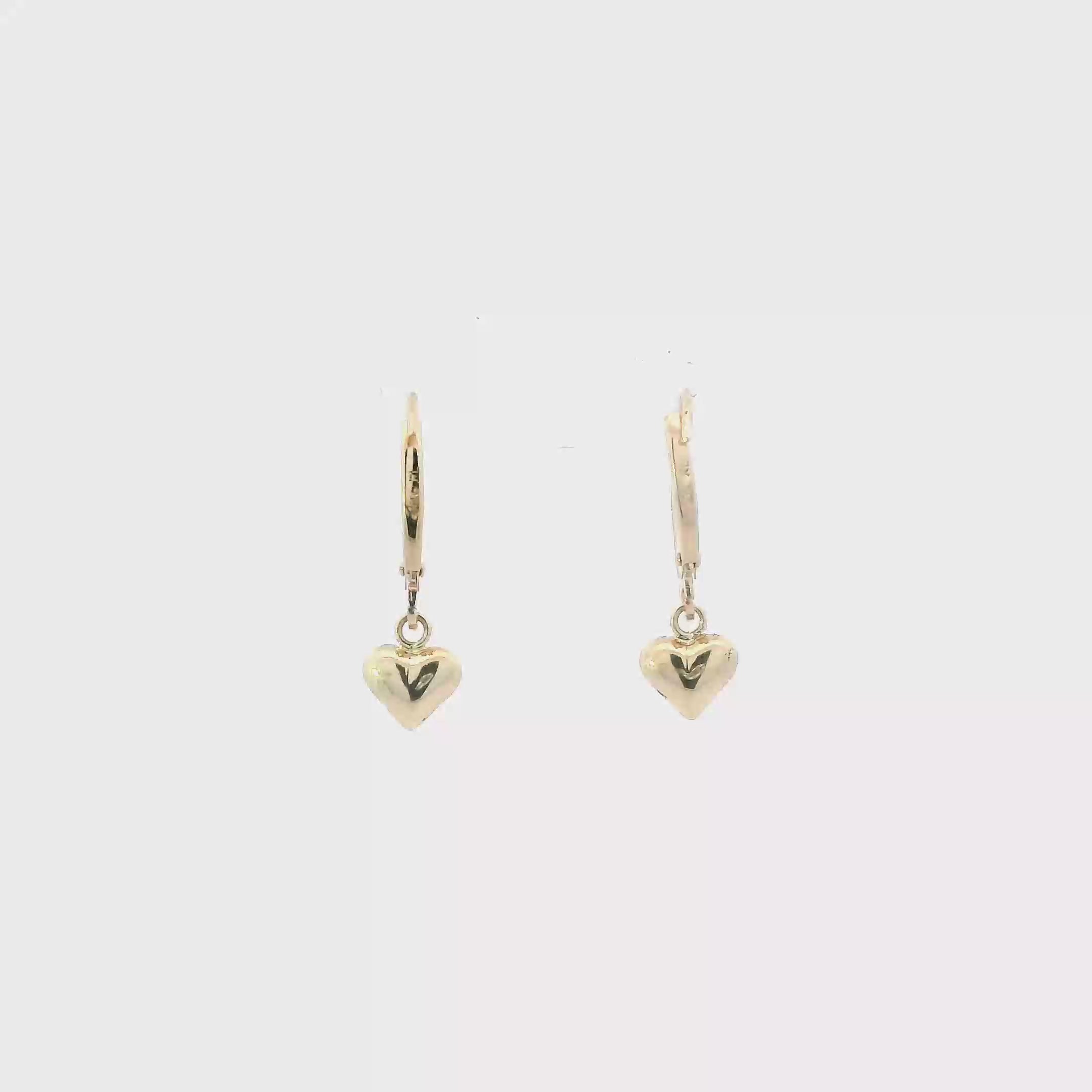 10K Yellow Gold Puff Heart Dangle Lever Back Earrings