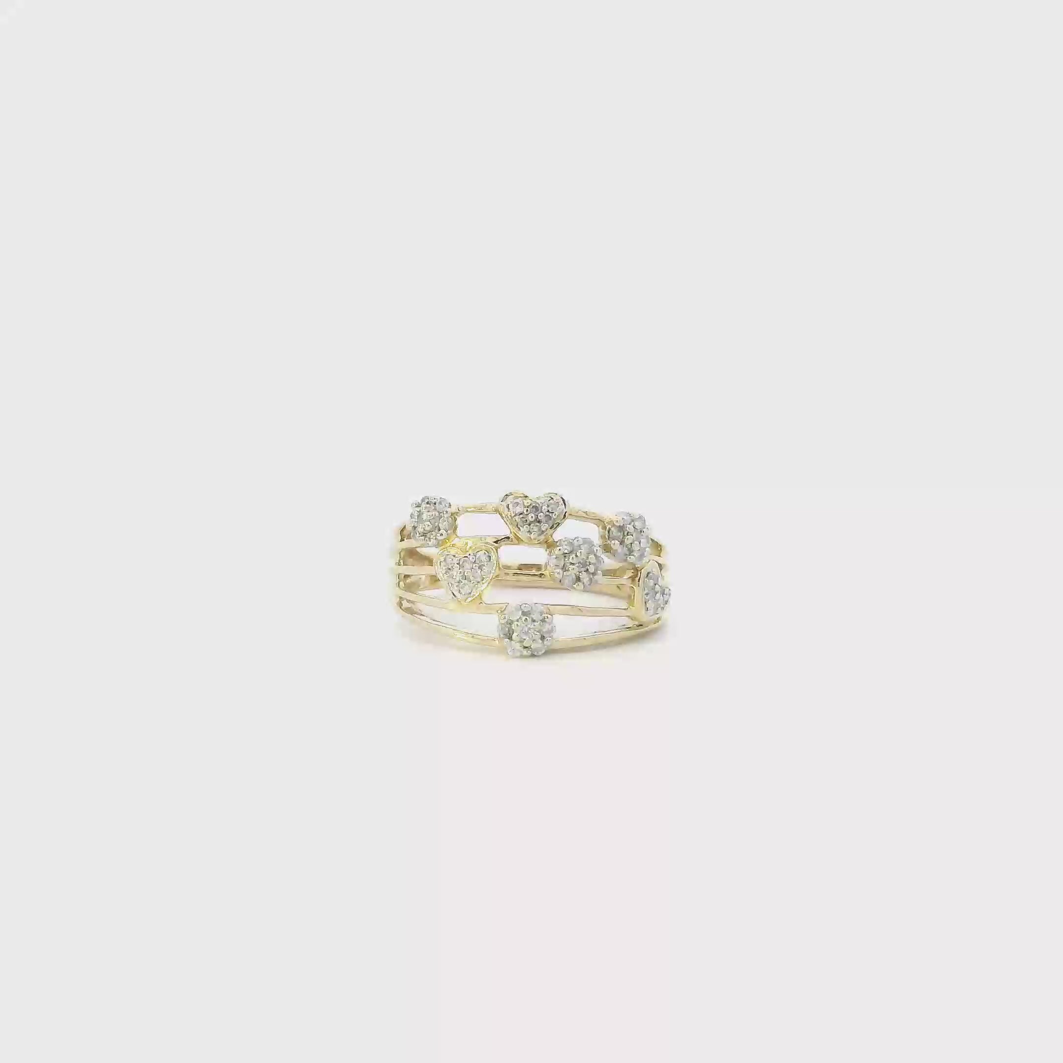 14K Yellow Gold Diamond Flowers & Hearts Womens Ring - 0.23ct