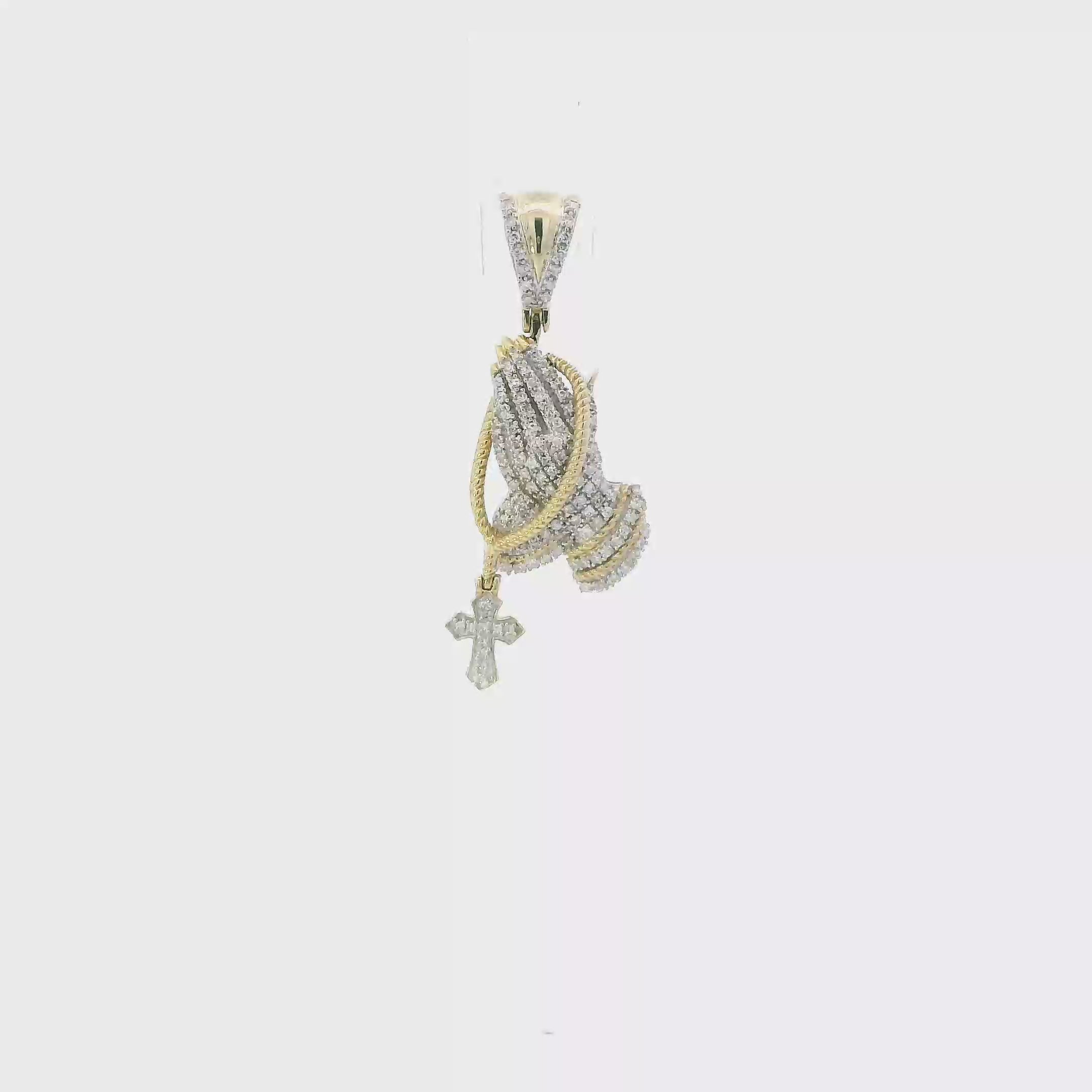10K Yellow & White Gold Praying Hands & Dangle Cross Pendant