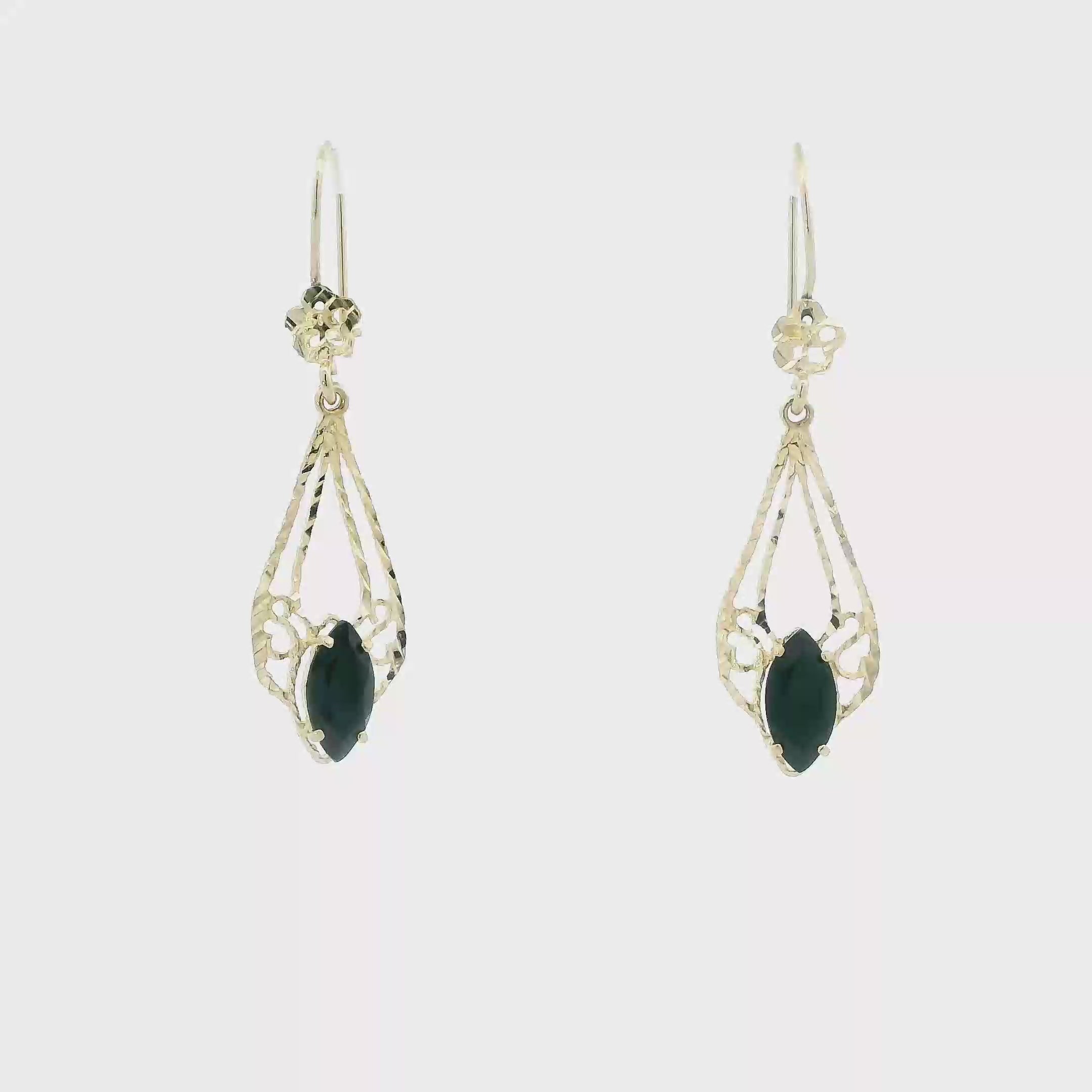 14K Yellow Gold Onyx Filigree Pear Dangle Earrings