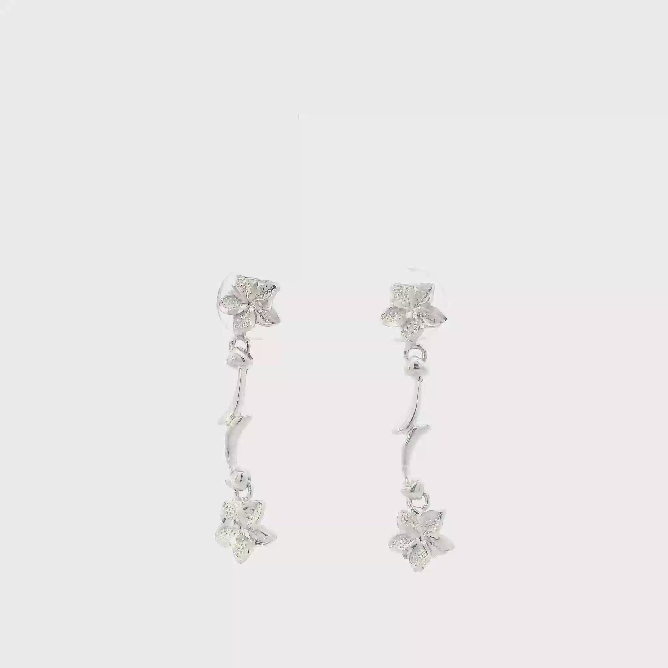 10K White Gold Plumeria Flower Dangle Earrings