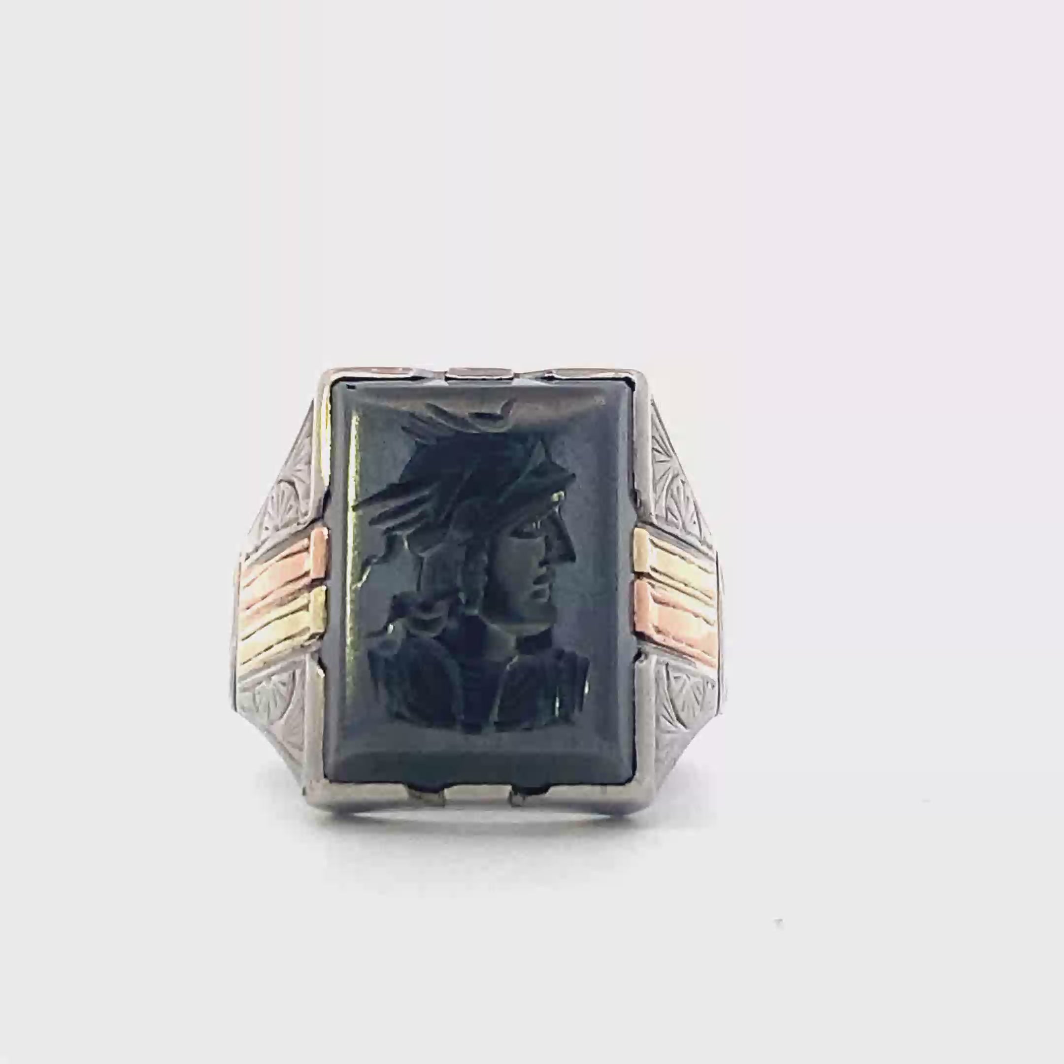 10K Tri-Color Gold Intaglio Hematite Roman Soldier Ring