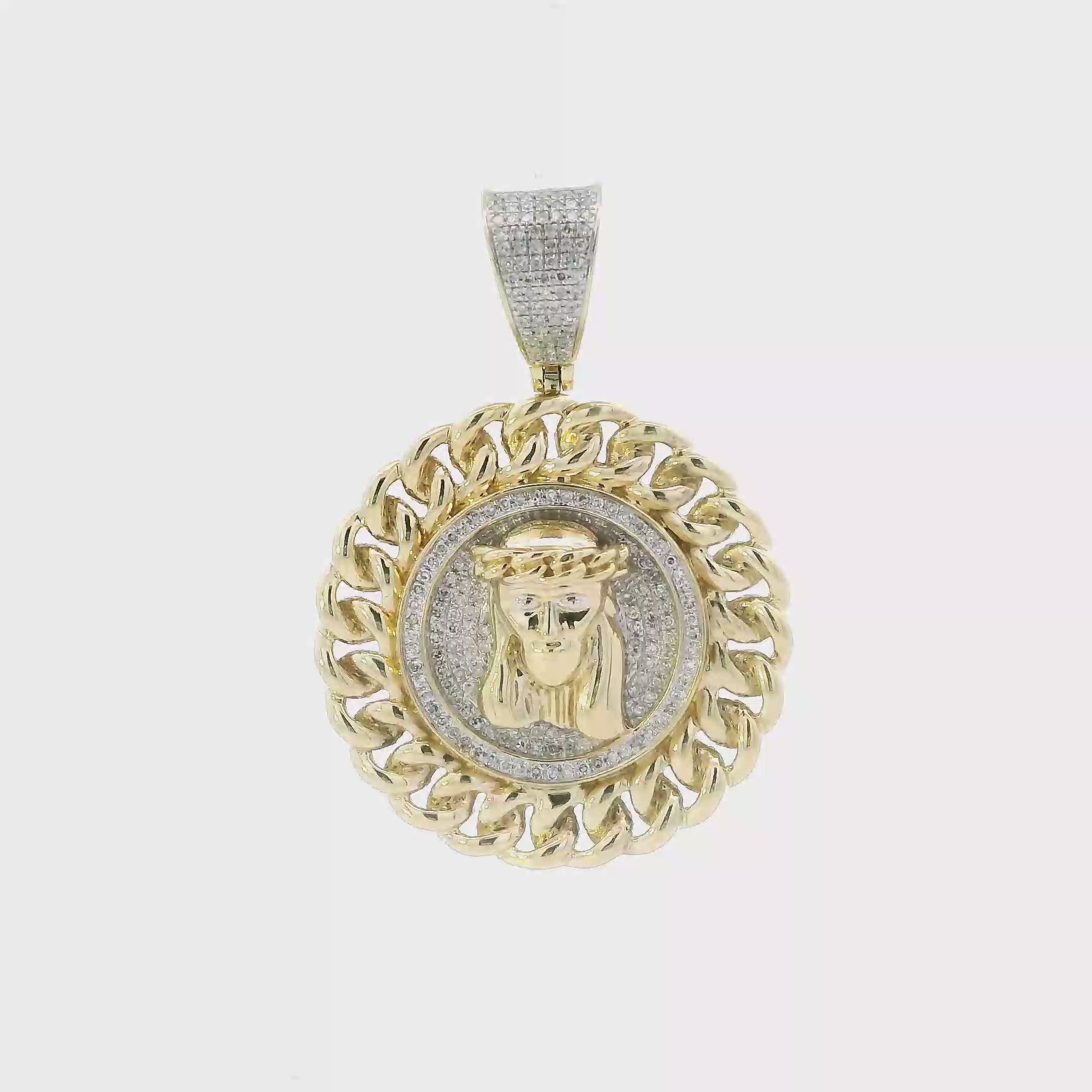 10K Yellow Gold Round Jesus Face Curb Chain Halo Pendant