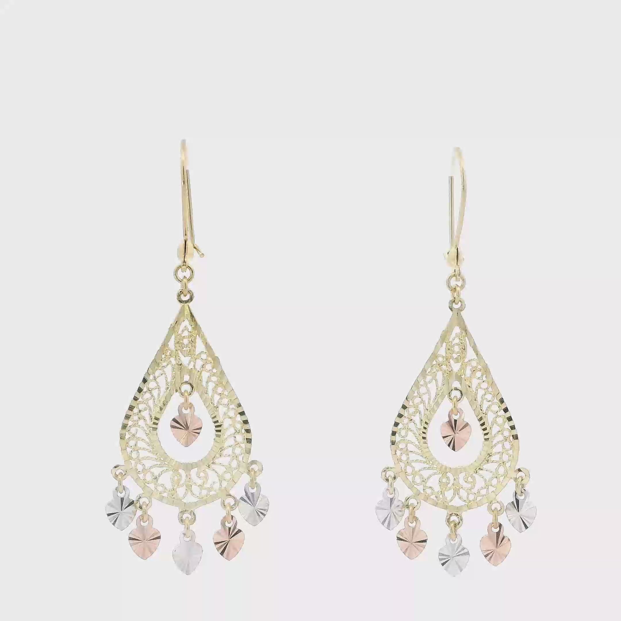 14K Tri Color Gold Filigree Dangle Earrings