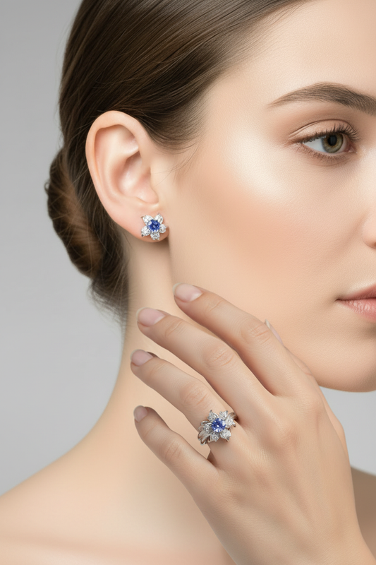 Sapphire Flower Ring & Earring Set on Model