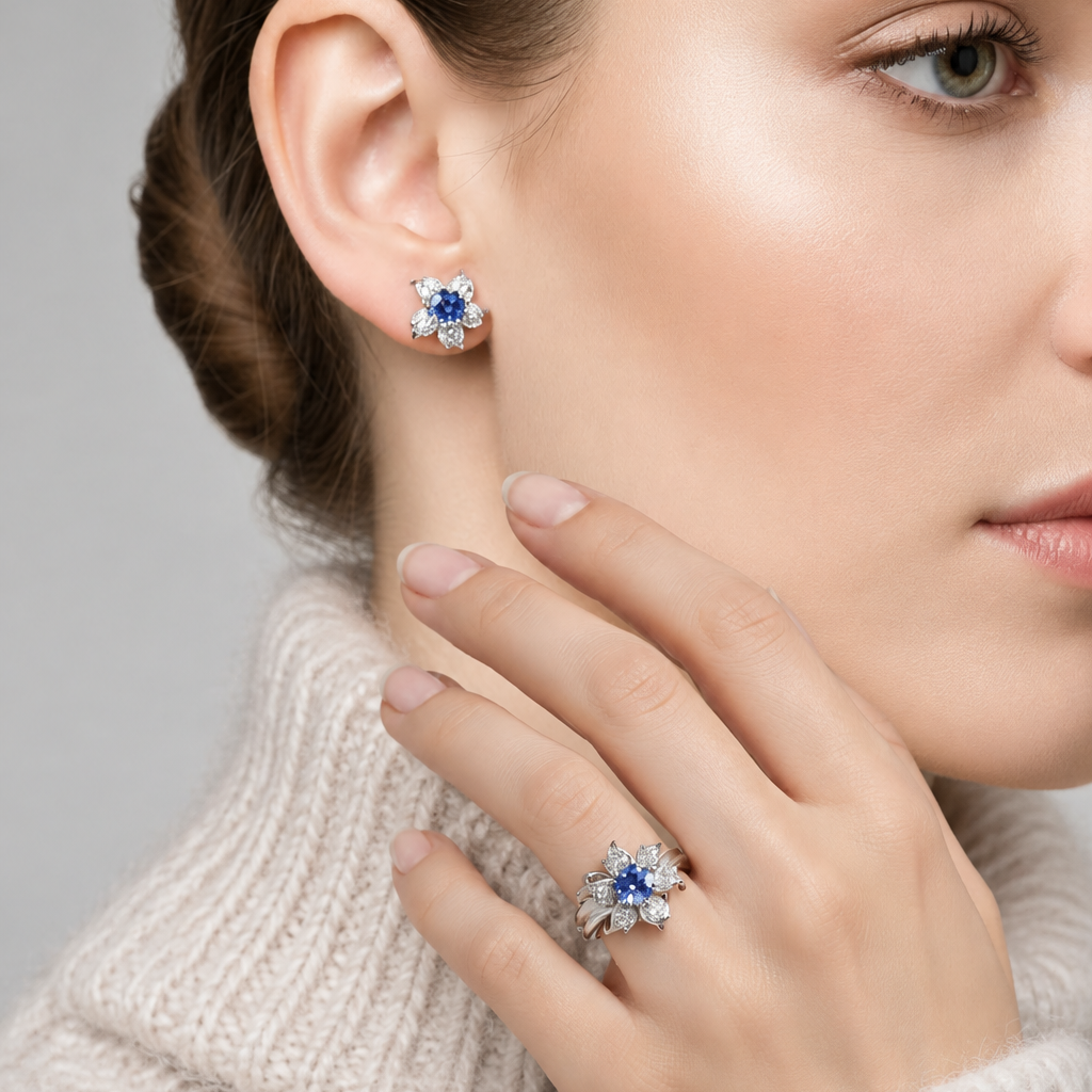 14K White Gold Tanzanite Flower Womans Ring & Tanzanite Earrings Set