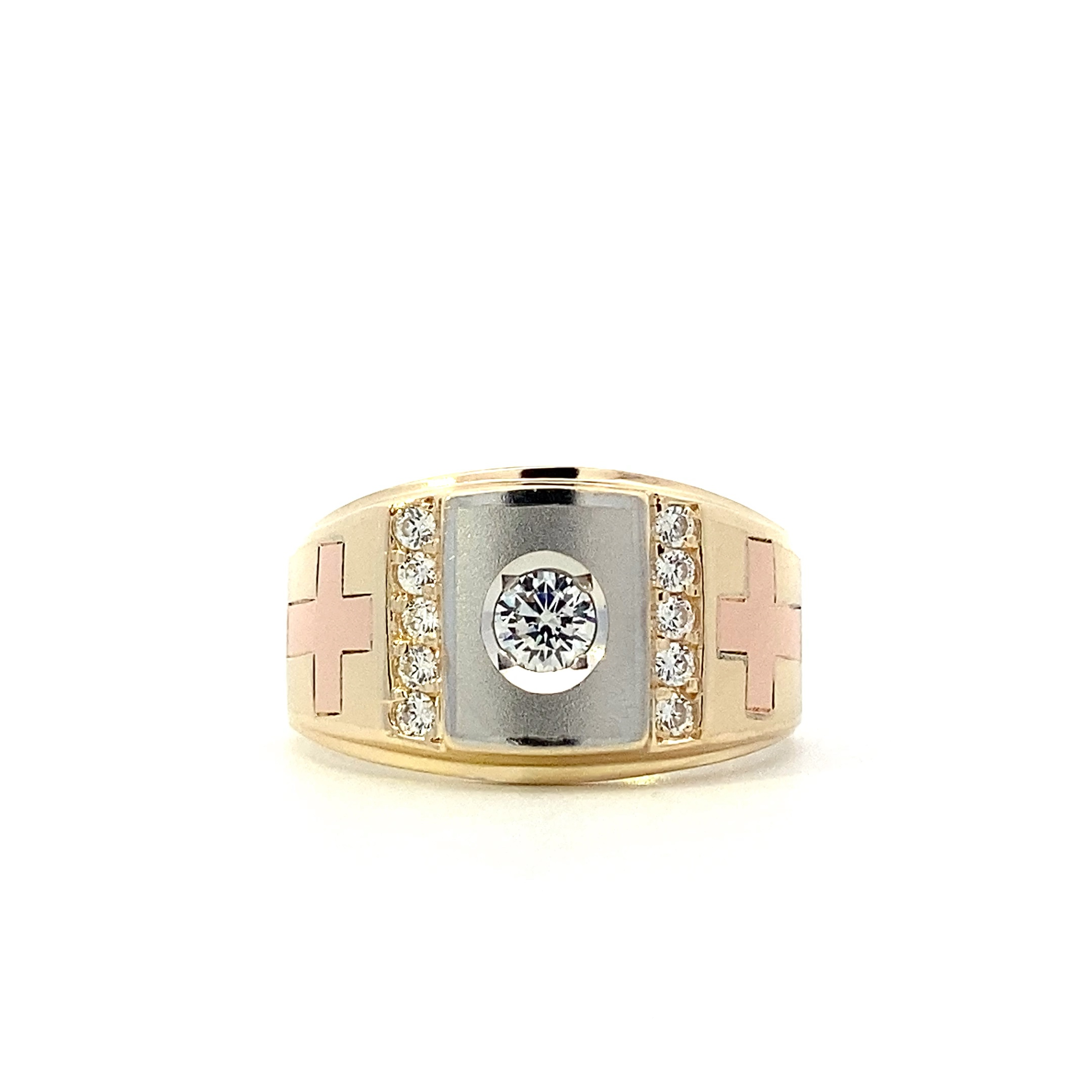 14K Tri-Color Gold CZ Double Cross Ring