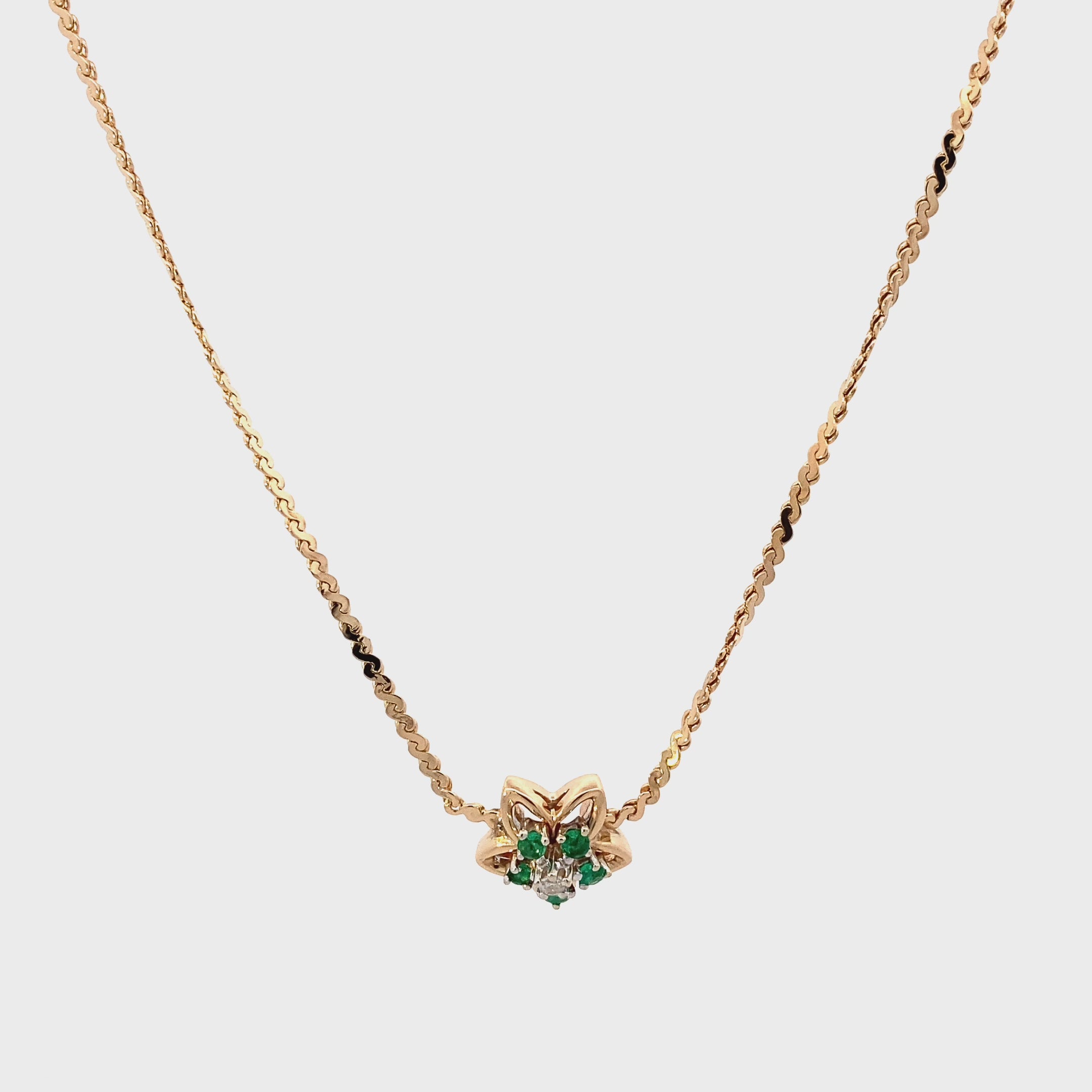 14K Yellow Gold Emerald Diamond Pendant & Serpentine Chain Set - 0.03ct