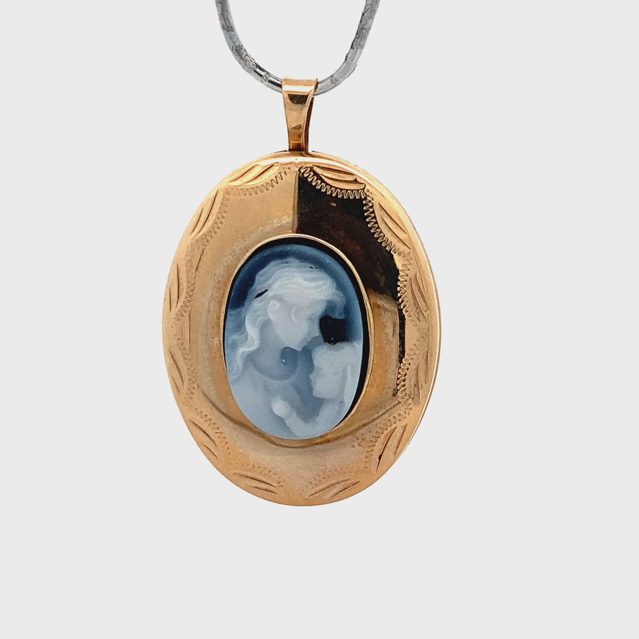 10K Yellow Gold Cameo Locket Pendant - Carrying Mother Holding Child